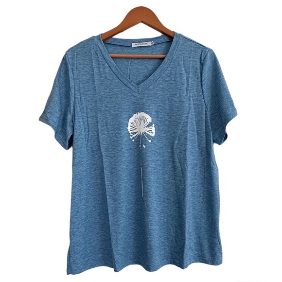 Last Ones ~NEW Washed Blue Dandelion V Neck Tee - Picture 1 of 4